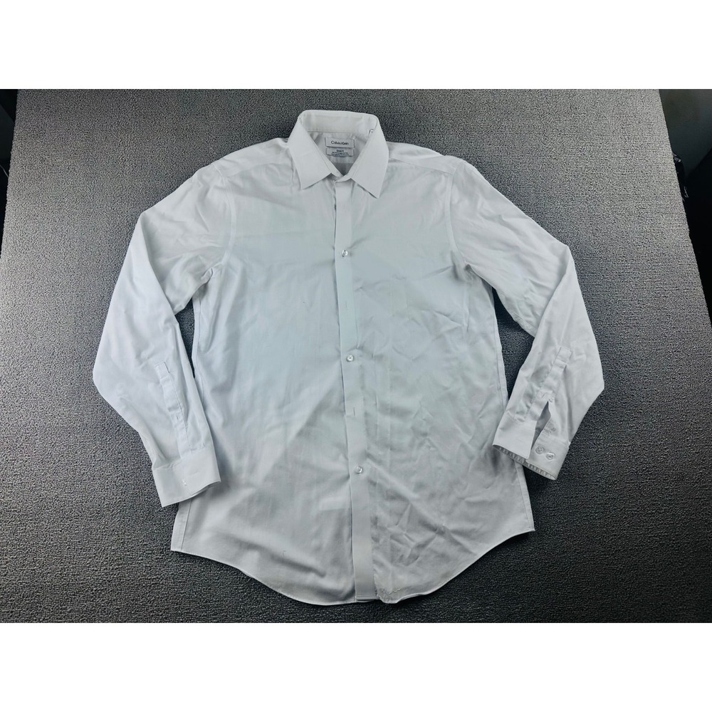 Calvin Klein Dress Shirt Men 15.5 32/33 White Steel Slim‎ Fit Herringbone Formal